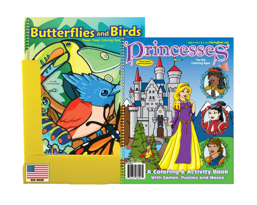 24 Pack Coloring Book Display 12 Butterflies & Birds and 12 Princesses