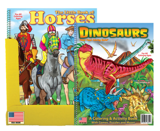 24 Pack Coloring Book Display 12 Horses and 12 Dinosaurs