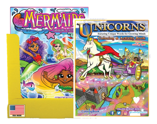 24 Pack Coloring Book Display 12 Mermaids and 12 Unicorns