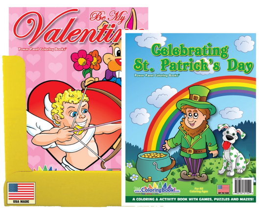 24 Pack Coloring Book Display 12 Valentines Day and 12 St. Patrick's Day